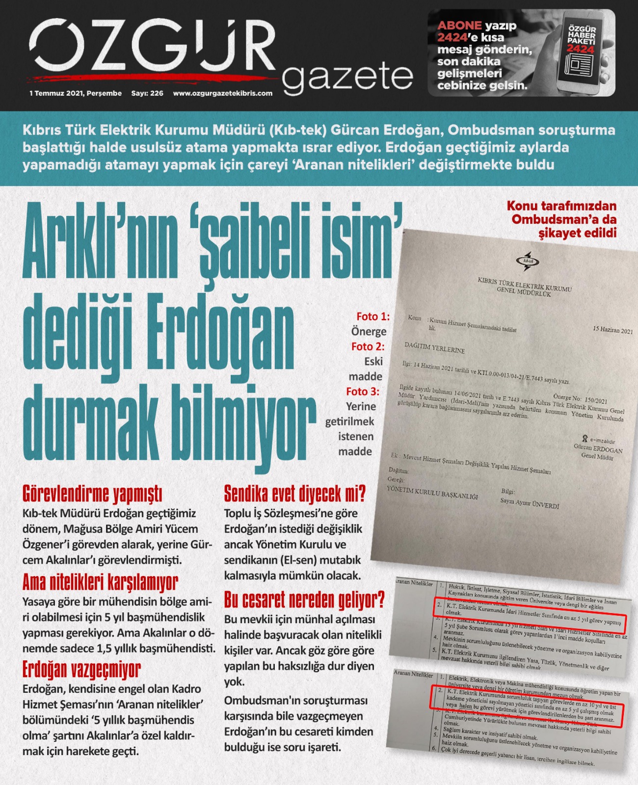 ARIKLI 'ŞAİBELİ İSİM' DEMİŞTİ - Özgür Gazete Kıbrıs